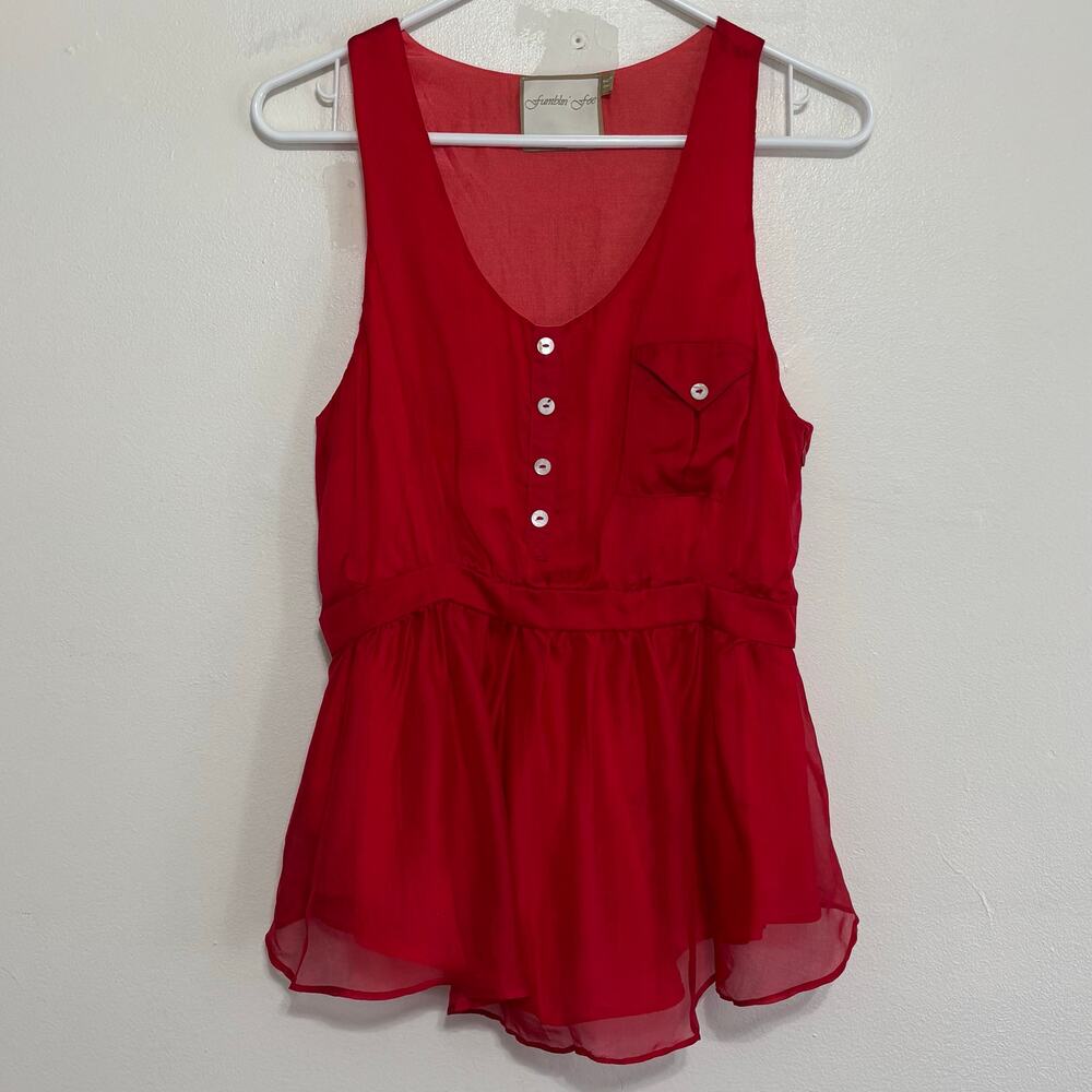 Fumblin' Fee Red Silk Peplum Sleeveless Top Button Front